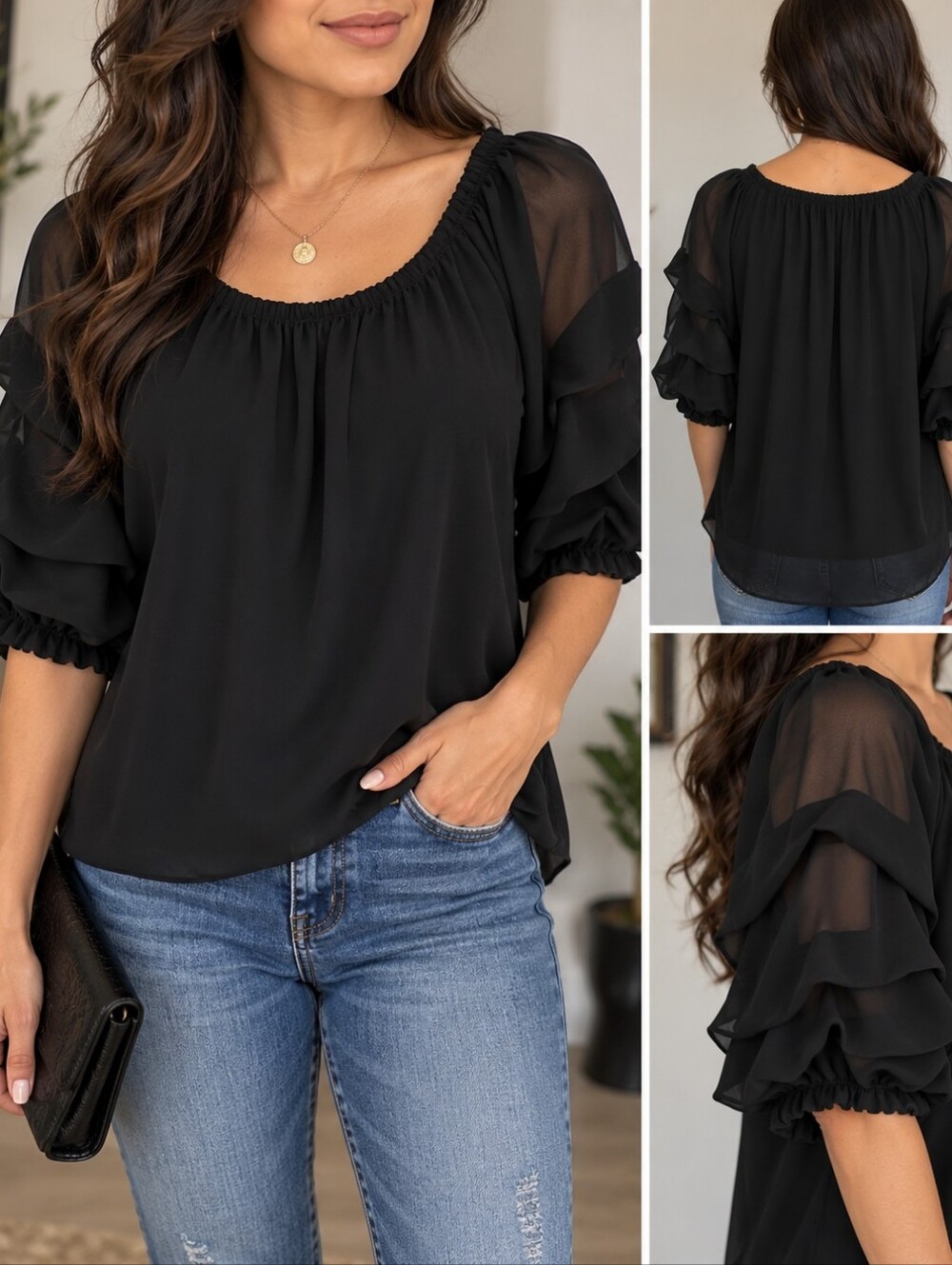 Coco Bianco Black Ruffle Sleeve Blouse